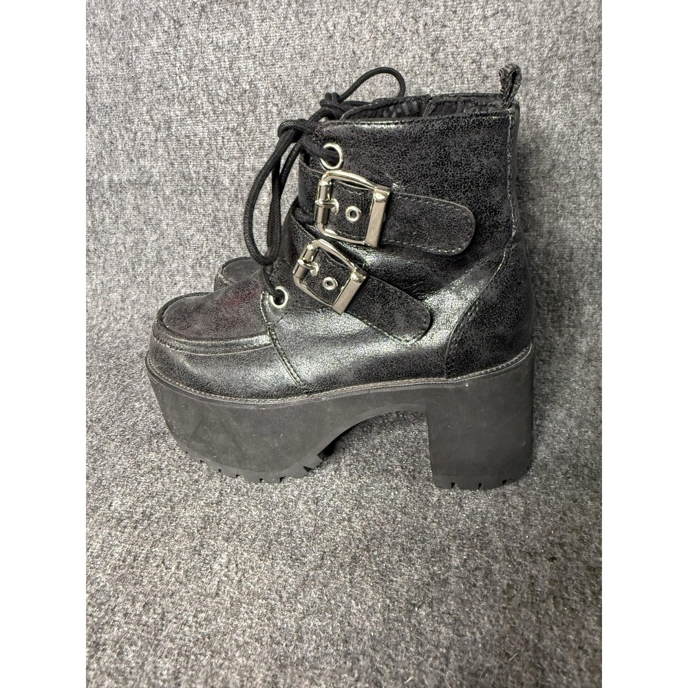 T.U.K Platform Boots Womens Size 7 Black PU Buckle Ankle Chunky Heel Goth A9580L